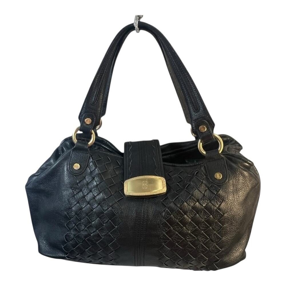 BILL BLASS Vintage Black Woven Leather Satchel or Shoulder Hobo Bag